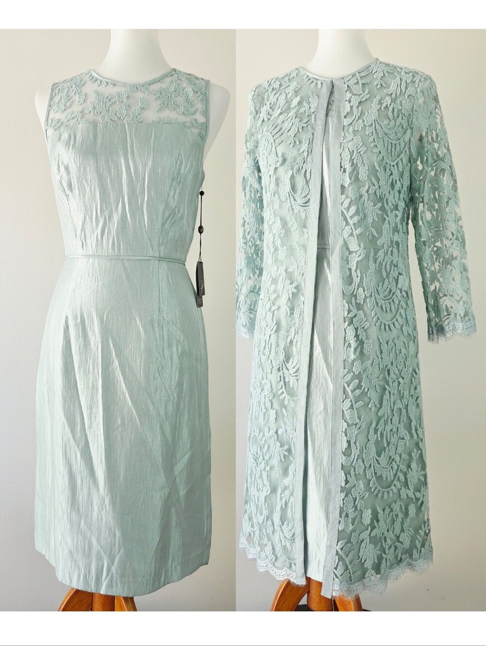Adrianna Papell Sage Mint Green Duster Jacket Dress Set Size 8 Two Piece